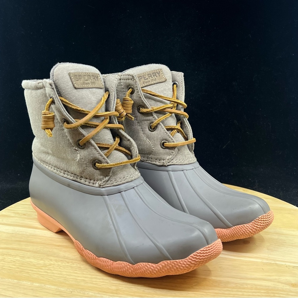 Sperry Top-Sider Khaki Duck Boot Women Saltwater Pop Outsole US Sz 6.5 Pink Sole - Picture 4 of 10